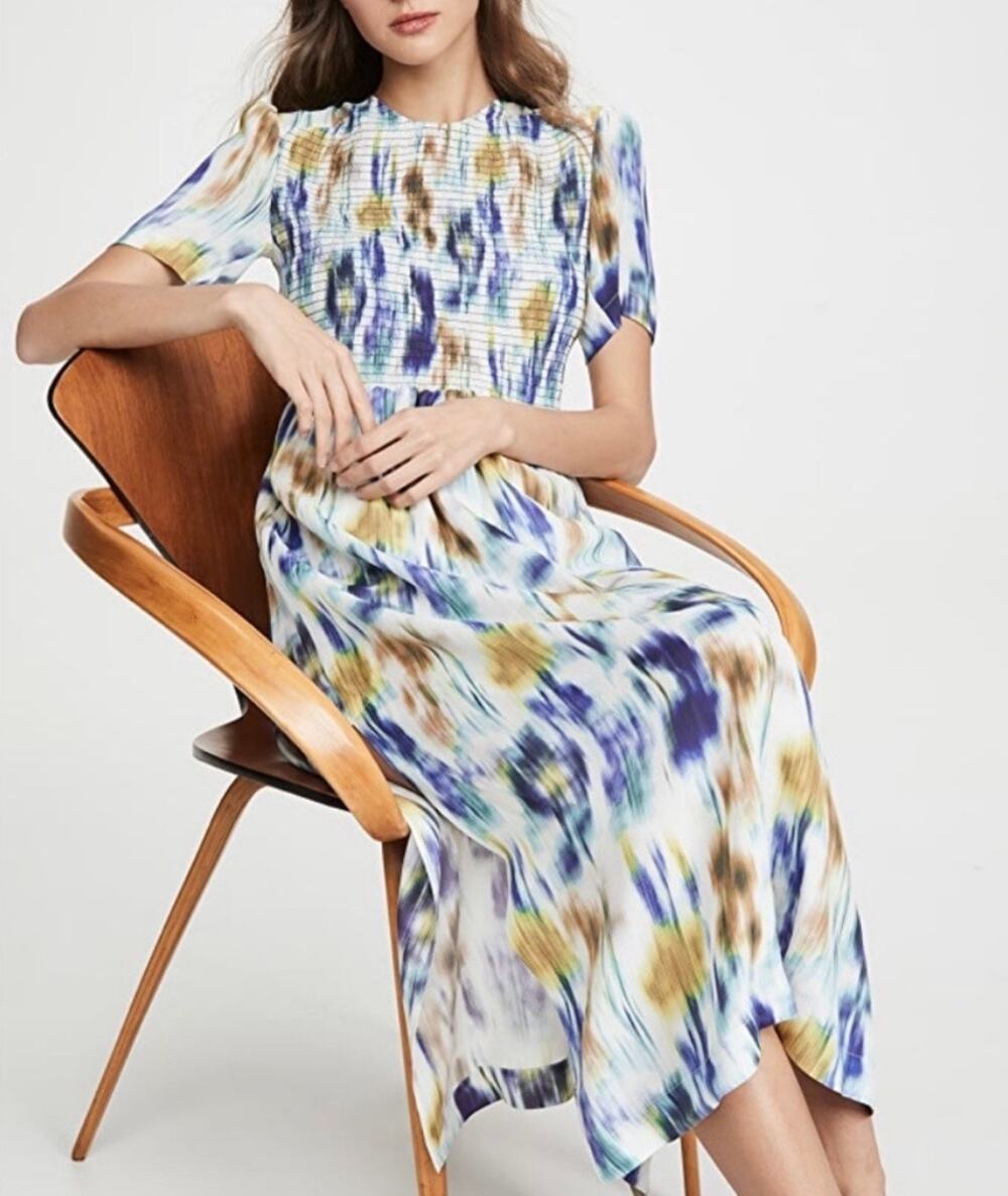 Baum Und Pferdgarten Adamaris Smocked Bodice Midi Dress in Tie Dye Size 38